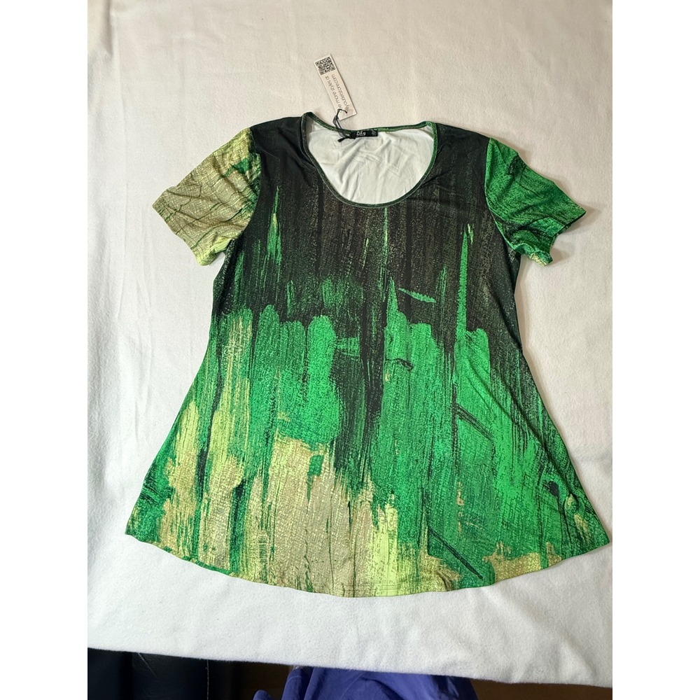 Lily by Firmiana Tunic Top Woman's 1XL Green Abstract Brushstroke Short Sleeve